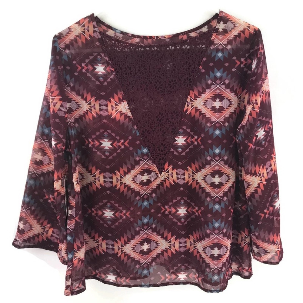 New  Arizona Jeans Top Lace Woven Back Aztec Print